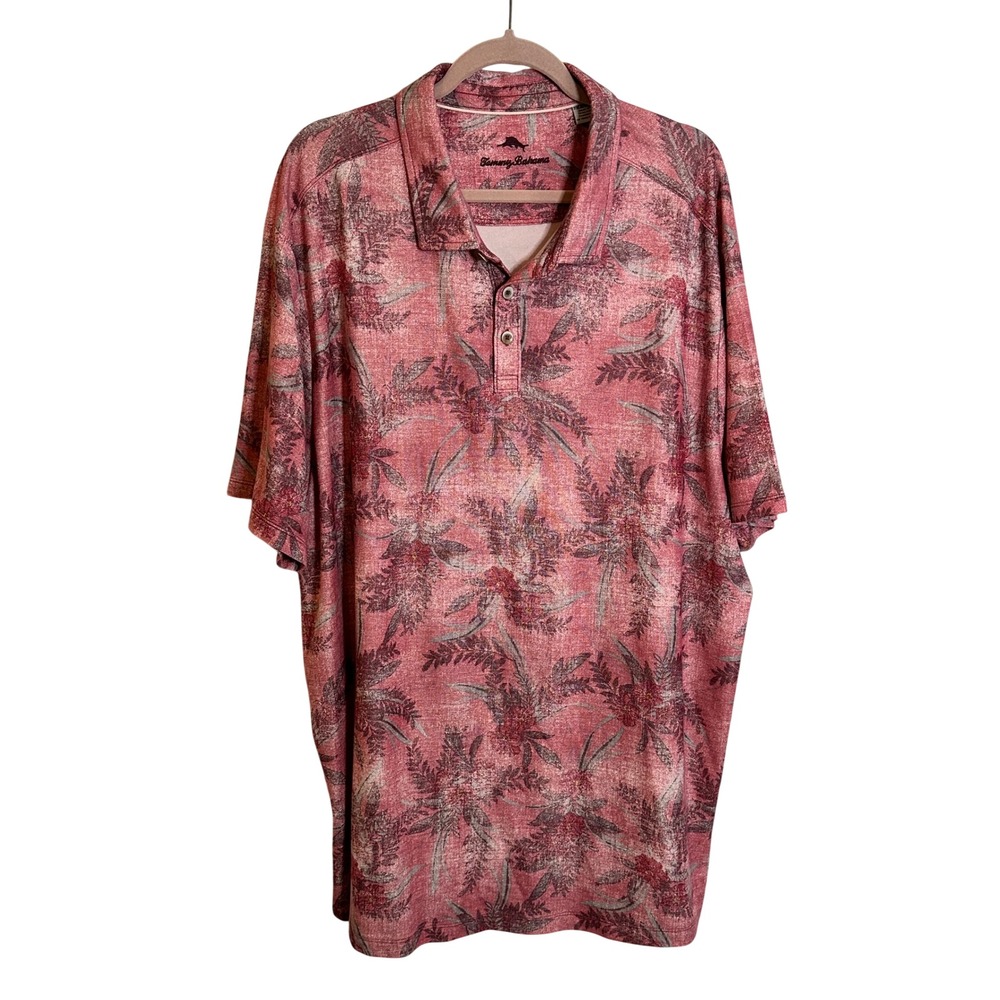 Tommy‎ Bahama Tropical Palm Leaf Print Knit Polo Shirt Size 2XLB Pink Resortwear